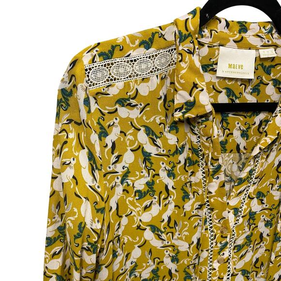 Maeve by Anthropologie Janie Flounced Peasant Blouse Yellow Rabbit Print Size 4 - Picture 3 of 8